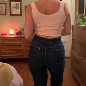 Vtg Jeans High Waist Dark Navy Blue Curvy Bootcut 28" waist